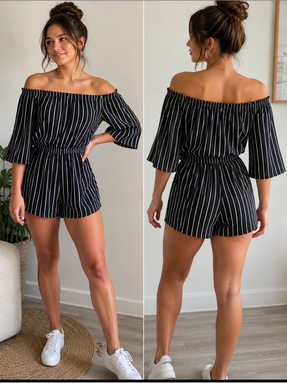 Love by Chesley NWT Black White Pinstripe Off Shoulder Romper Size L